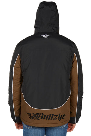 A person shown from behind wears the Bullzye Bazooka Jacket—a rugged black and brown waterproof hooded jacket with white piping and Bullzye logo and text on the back—paired with blue jeans.
