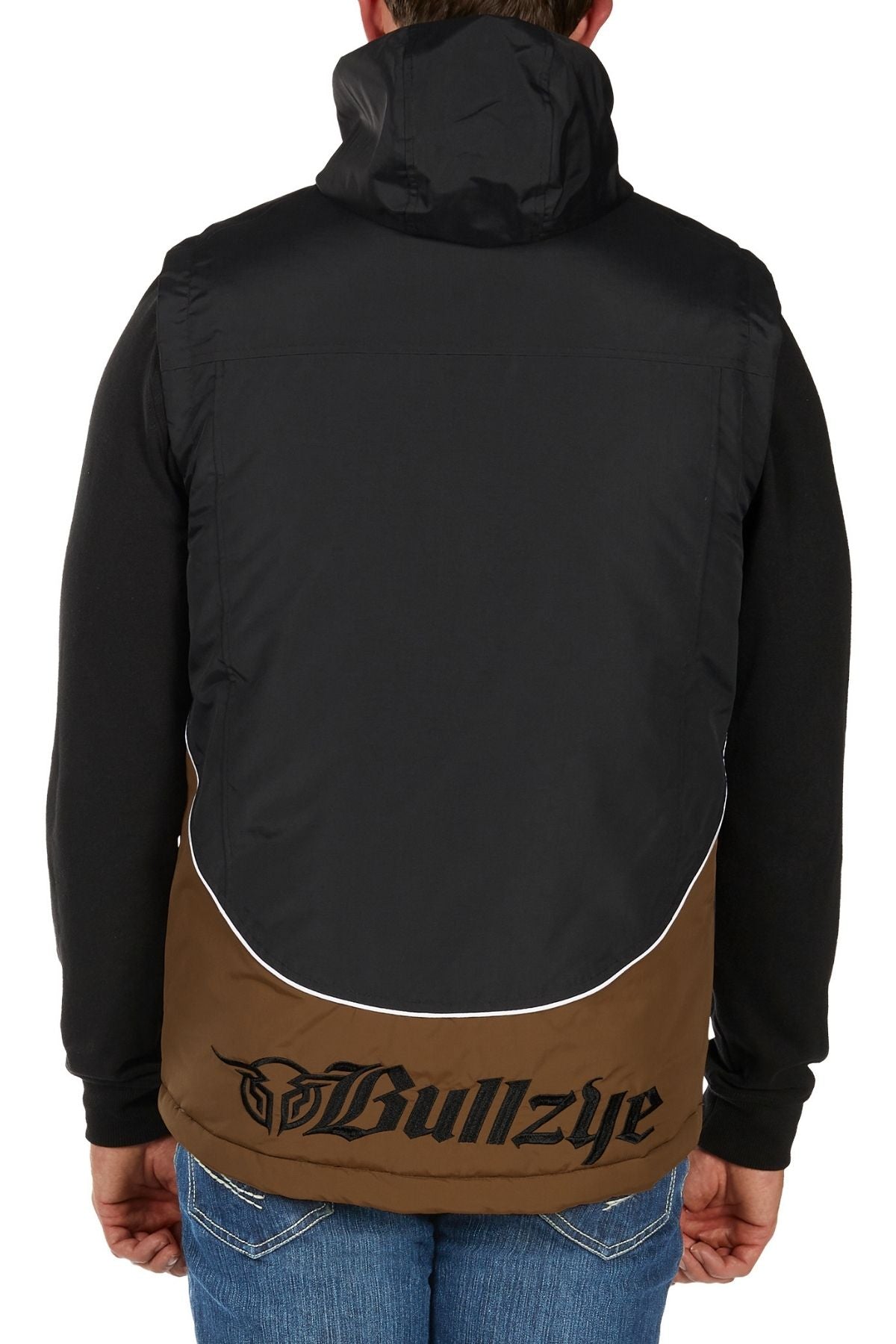 A person in the Bullzye Bazooka Vest, featuring a detachable hood and lower back logo, stands with their back to the camera, blue jeans visible.
