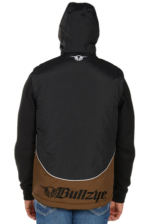 A person wearing the Bullzye Bazooka Vest, a black vest with brown accents and "Bullzye" printed on the lower back, stands facing away from the camera.