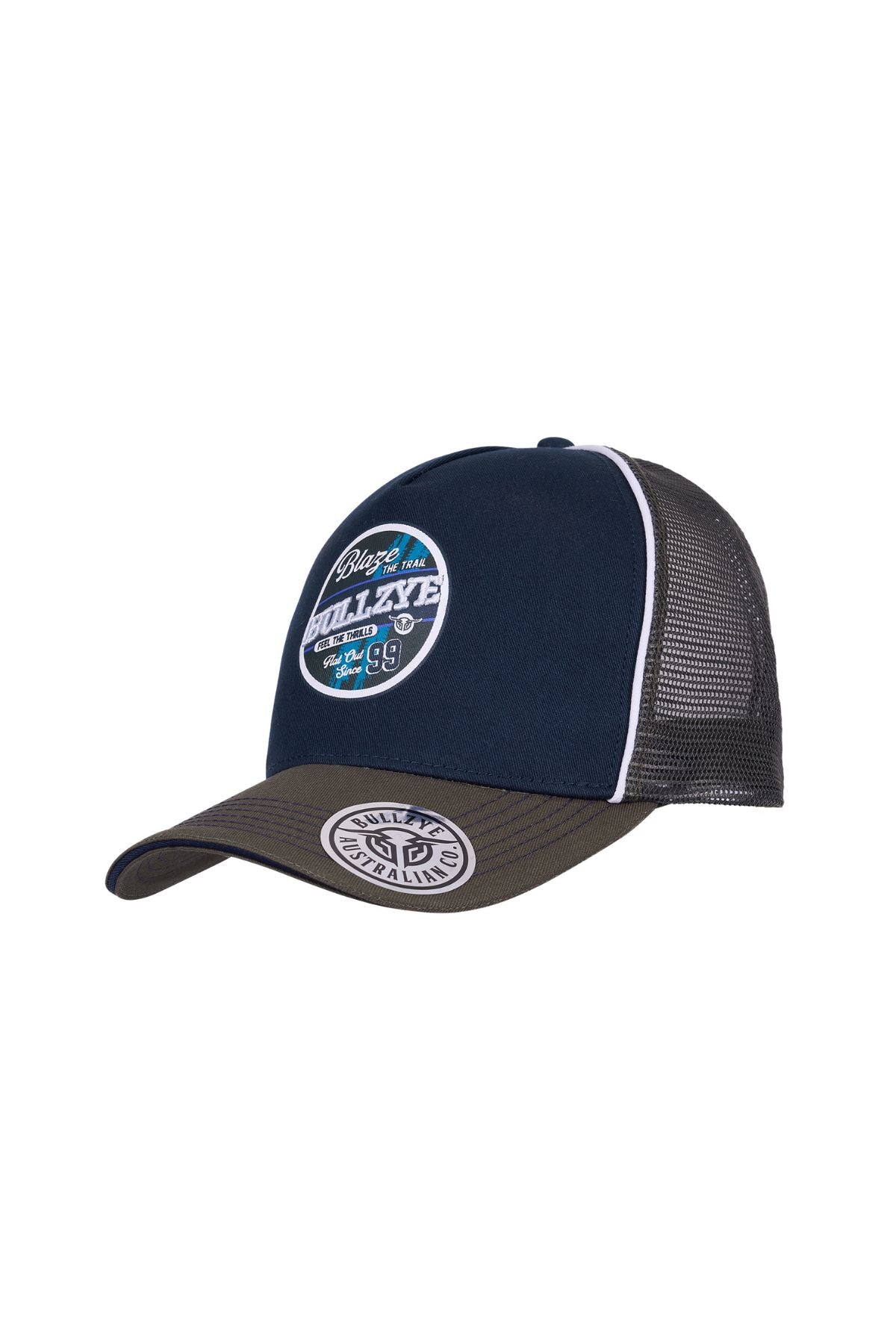 The Bullzye Blaze High Profile Trucker Cap features a navy and olive design, mesh back, white trim, and eye-catching patches with bold text and graphics on the front panel and brim.