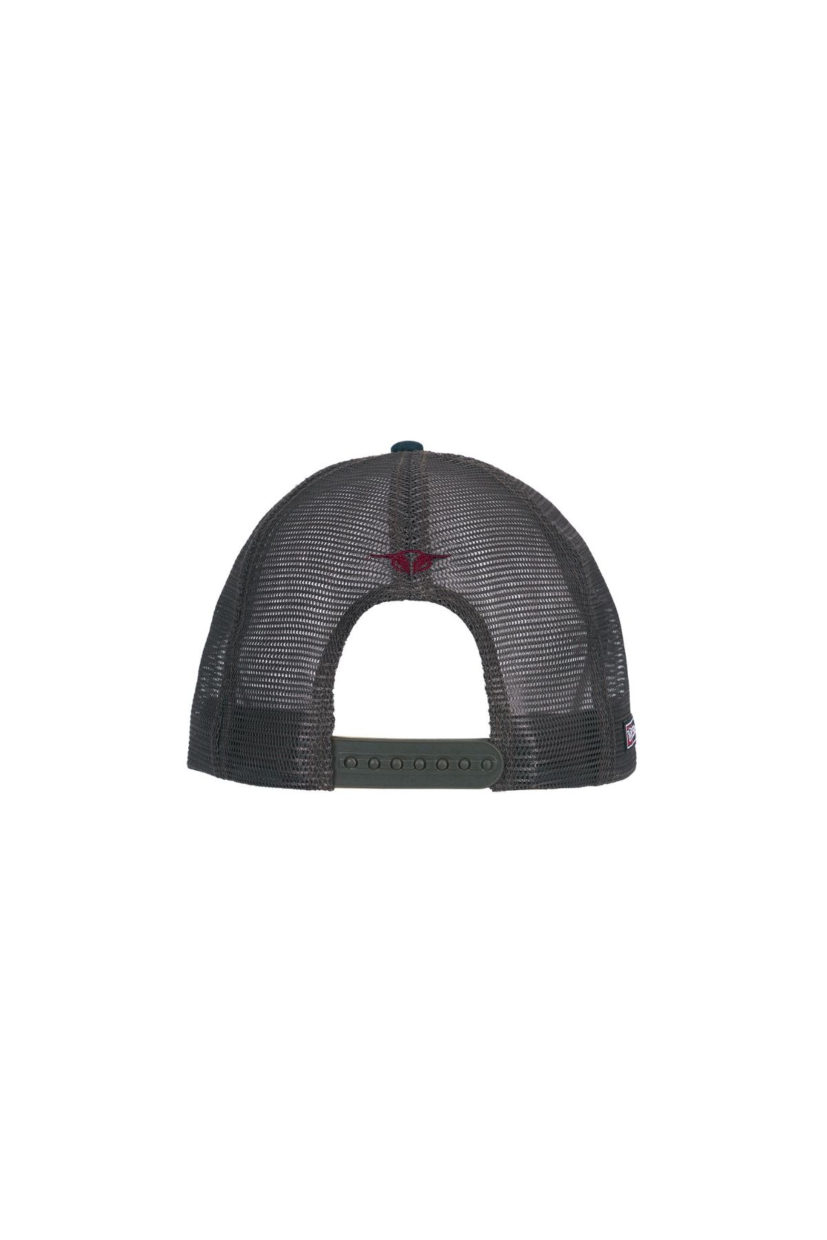 A rear view of the Bullzye Blaze High Profile Trucker Cap in black mesh, showcasing an adjustable snapback closure and a small red embroidered logo above the opening.