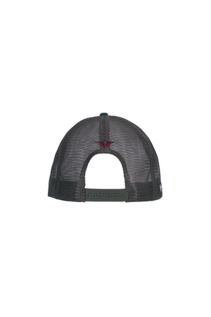 A rear view of the Bullzye Blaze High Profile Trucker Cap in black mesh, showcasing an adjustable snapback closure and a small red embroidered logo above the opening.