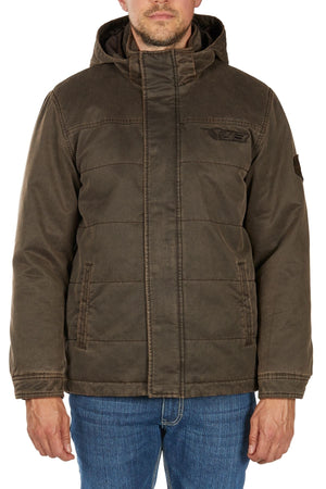 A man wearing the Bullzye Canon Jacket, a brown hooded puffer with front pockets, and blue jeans stands facing forward against a white background.