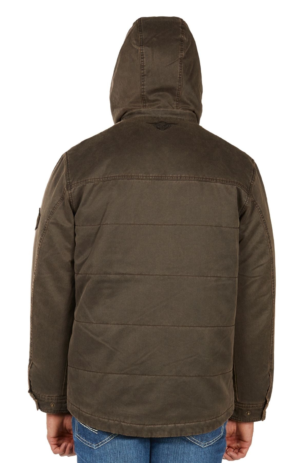 A person wearing the Bullzye Canon Jacket, a hooded brown padded coat, and blue jeans is shown from the back against a plain white background.
