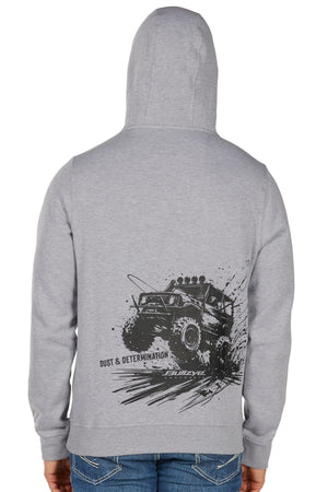 A person, seen from behind, wears the Bullzye Determination Hoodie—featuring bold off-road truck graphics, mud splatters, and "DUST & DETERMINATION" on the back—highlighting its premium comfort and distinctive style.