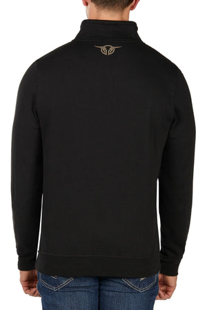 A person is seen from behind against a white background, wearing the Bullzye Logo 1/4 Zip Pullover in black with a small tan logo on the upper back, paired with blue jeans.