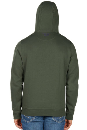 A person is shown from the back wearing the Bullzye Original Hoodie in dark green brushed fleece with the hood up and blue jeans, arms relaxed at their sides.