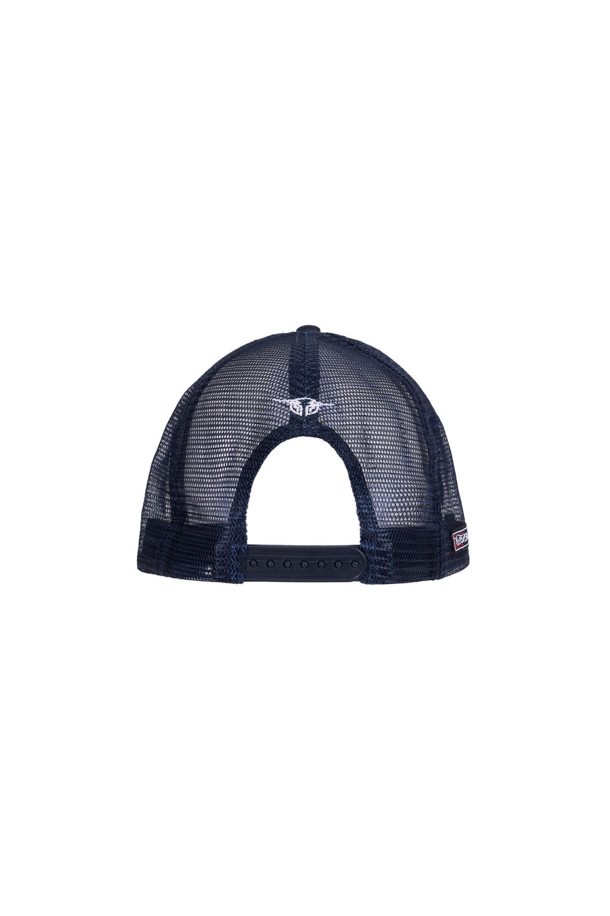 Back view of the Bullzye Outback High Profile Trucker Cap in navy blue, featuring mesh panels, an adjustable snapback closure, and a small white logo above the opening.