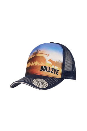 The Bullzye Outback High Profile Trucker Cap is a navy blue mesh hat with a curved brim, showcasing cattle and riders at sunset on the front panel. "BULLZYE" is boldly printed across the front.
