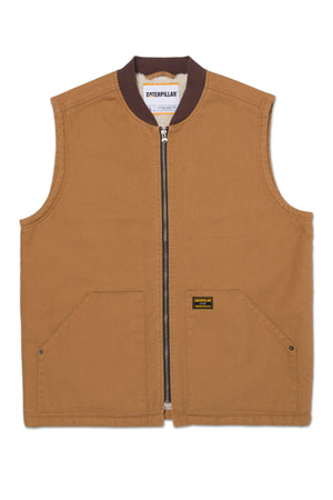 The CAT Canvas Utility Sherpa Lined Vest is a brown, sleeveless vest with a front zipper, two large angled pockets, and a small black and yellow Caterpillar label on the lower left pocket.