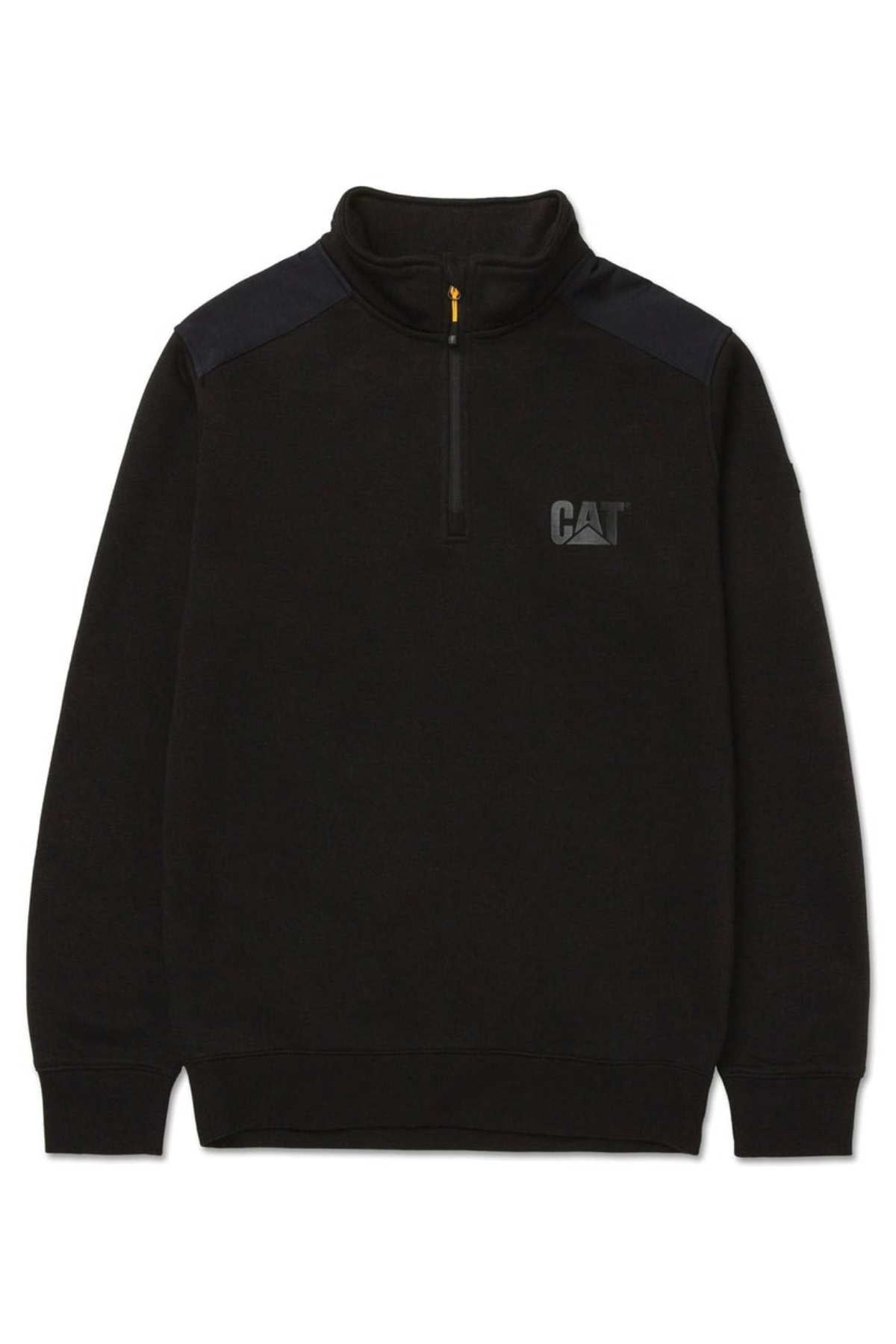 The CAT Essential 1/4 Zip Sweatshirt is a stylish black pullover with a high collar, featuring the iconic CAT logo on the left chest. It includes ribbed cuffs and hem, contrasting shoulder material, and a soft fleece lining for enhanced comfort.