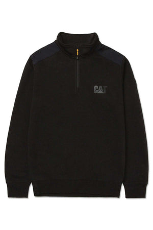 The CAT Essential 1/4 Zip Sweatshirt is a stylish black pullover with a high collar, featuring the iconic CAT logo on the left chest. It includes ribbed cuffs and hem, contrasting shoulder material, and a soft fleece lining for enhanced comfort.