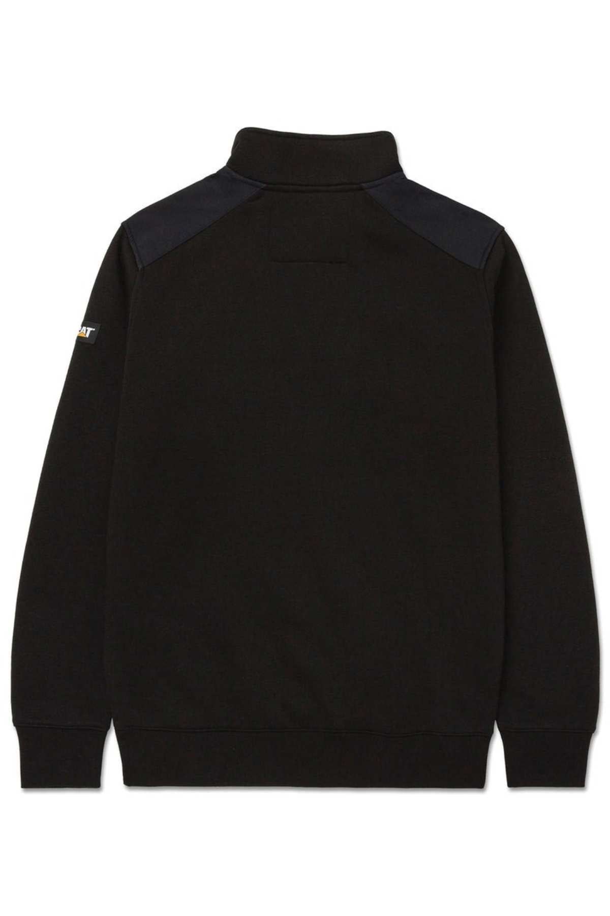 The CAT Essential 1/4 Zip Sweatshirt is a black pullover with a high collar, contrasting dark shoulder patches, long sleeves, and a small patch on the left arm. It features a super soft fleece lining and is displayed from the back for a cozy look.