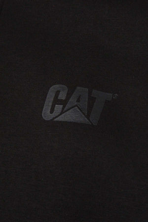 The CAT Essential 1/4 Zip Sweatshirt boasts a black design with an embossed "CAT" logo and a triangle below the "A," complemented by a super soft fleece lining for ultimate comfort and style.