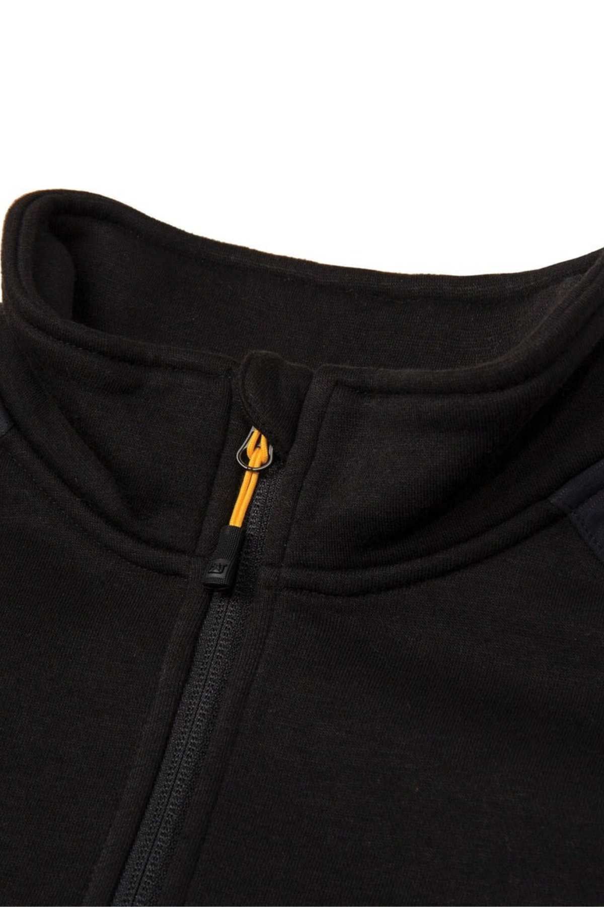 The CAT Essential 1/4 Zip Sweatshirt boasts a cozy black fleece jacket design with a front zipper and high collar. Its super soft fleece lining ensures warmth, and the yellow pull tab on the zipper adds a striking contrast to this chic piece.