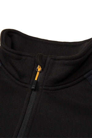 The CAT Essential 1/4 Zip Sweatshirt boasts a cozy black fleece jacket design with a front zipper and high collar. Its super soft fleece lining ensures warmth, and the yellow pull tab on the zipper adds a striking contrast to this chic piece.