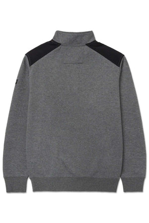 A back view of the CAT Essential 1/4 Zip Sweatshirt in gray, showcasing black nylon overlays on the shoulders. The sweatshirt features a stand-up collar, ribbed cuffs and hem, and a small rectangular stitch detail at the upper back.