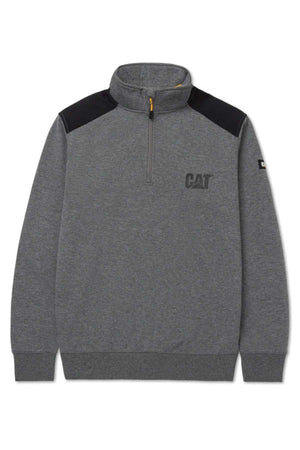 The CAT Essential 1/4 Zip Sweatshirt is a grey pullover designed with a quarter-zip, black nylon shoulder overlays, and a stand collar. It features the "CAT" logo on the left chest, ribbed cuffs on its long sleeves, and a ribbed hem. Additionally, it includes an ultra-soft fleece lining for enhanced comfort.