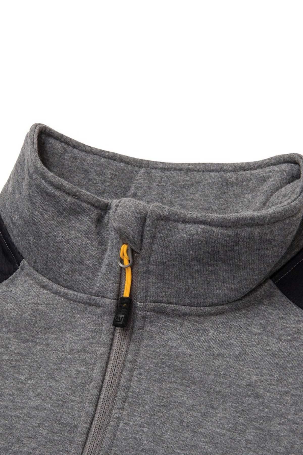 A close-up of the CAT Essential 1/4 Zip Sweatshirt in gray showcases its high collar and super soft fleece lining. The zipper sports a black pull tab with a yellow string, while the slightly heathered fabric enhances its cozy look, further highlighted by nylon overlays at the shoulders.