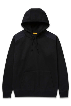The CAT Essential Hooded Sweatshirt is a black slim fit garment with long sleeves and a front kangaroo pocket. It features an adjustable hood and subtle dark shoulder accents, providing a simple yet stylish look. The hoodie is displayed against a white background.