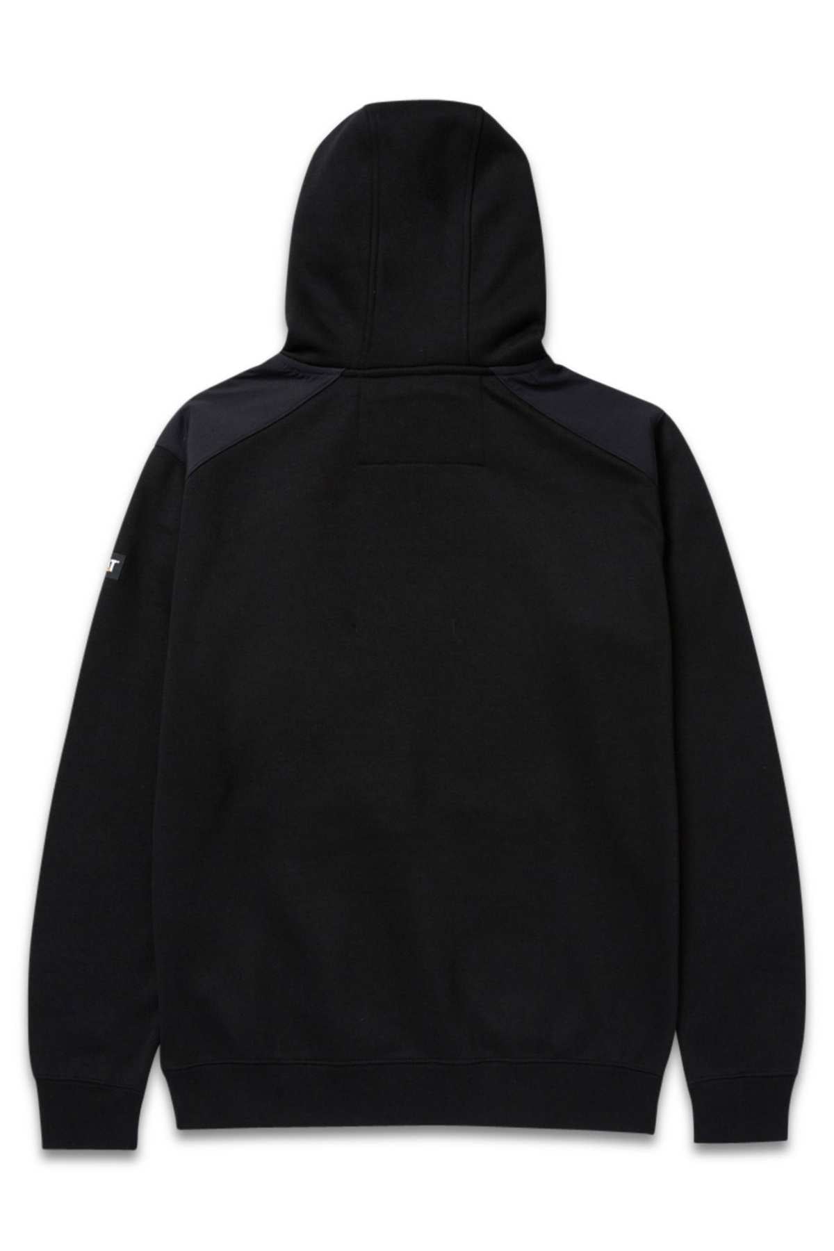 The CAT Essential Hooded Sweatshirt is displayed from the back, showcasing its slim fit design with long sleeves. It features slightly darker black patches on the shoulders, creating a subtle contrast. The sweatshirt is equipped with an adjustable hood and appears to be made of a thick, comfortable fabric, making it ideal for cooler weather.
