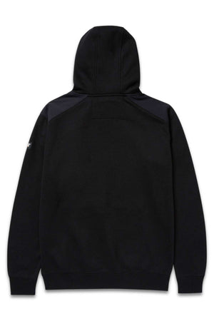 The CAT Essential Hooded Sweatshirt is displayed from the back, showcasing its slim fit design with long sleeves. It features slightly darker black patches on the shoulders, creating a subtle contrast. The sweatshirt is equipped with an adjustable hood and appears to be made of a thick, comfortable fabric, making it ideal for cooler weather.