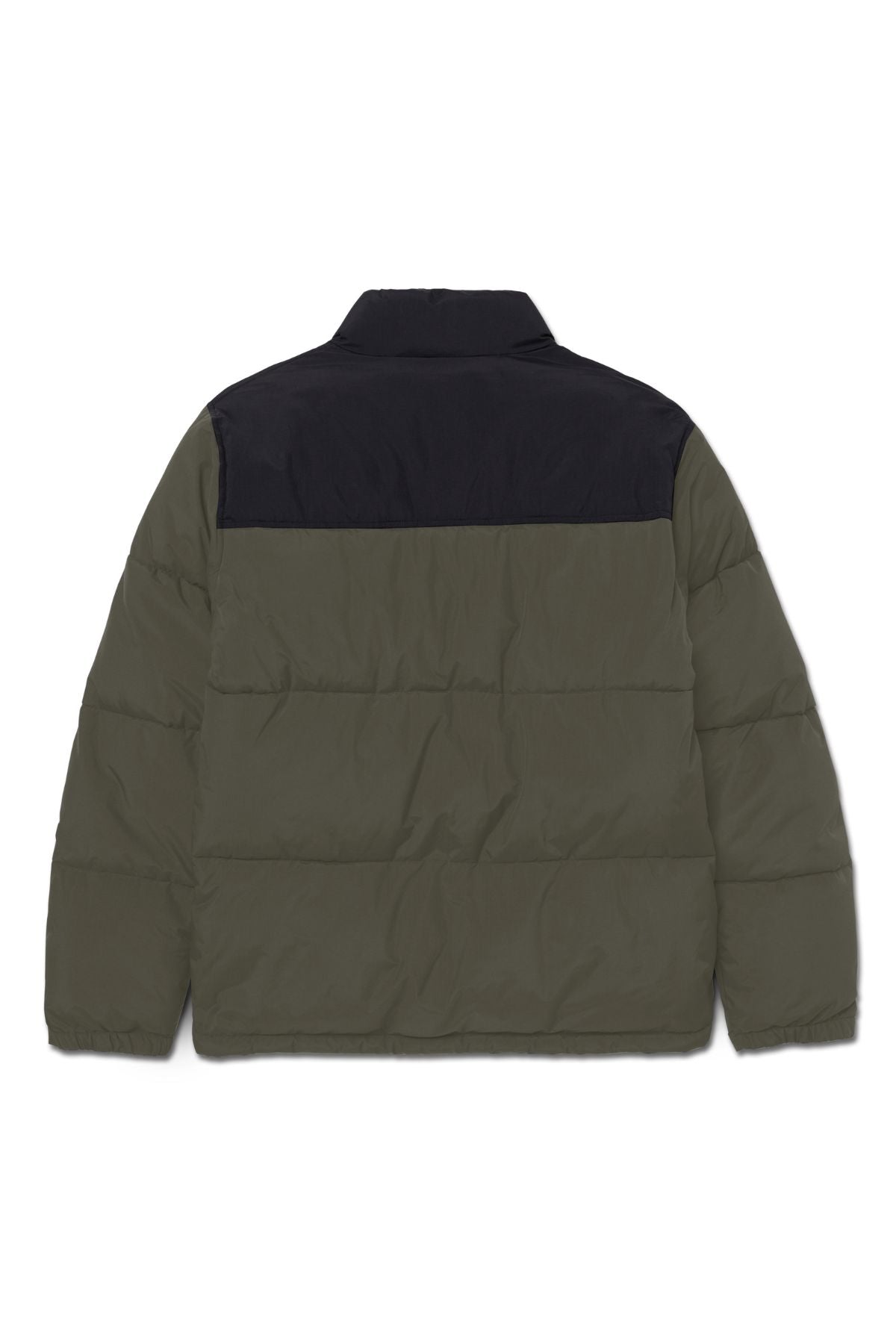 The CAT Heavy Weight Insulated Puffer Jacket features an olive green body and sleeves with a black upper back and collar. Shown flat with the back facing up, this water-resistant jacket keeps you warm in any weather.