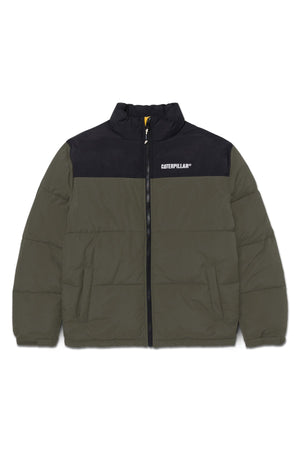 The CAT Heavy Weight Insulated Puffer Jacket is olive green with black shoulders, a front zip, white "Caterpillar" logo on the left chest, high collar, two side pockets, and recycled insulation for warmth.