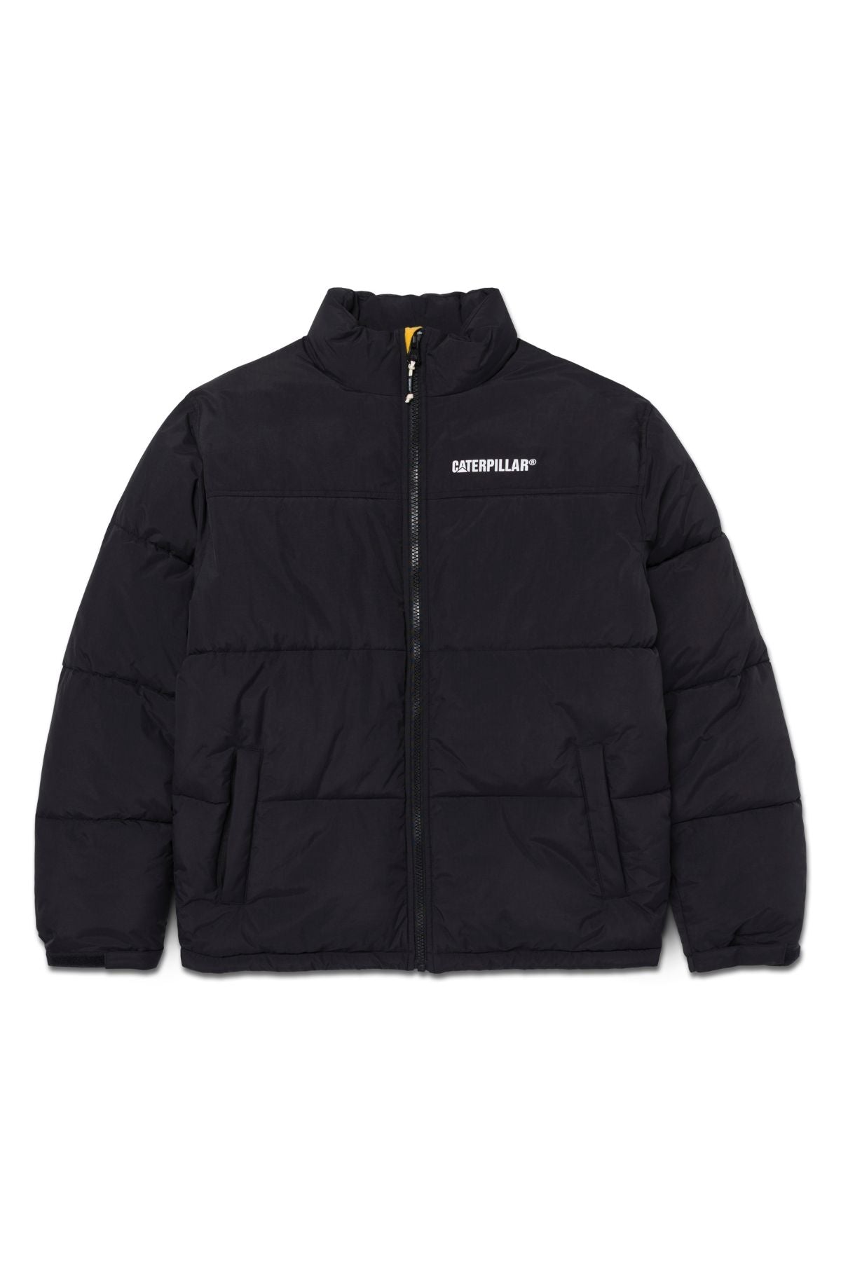 The CAT Heavy Weight Insulated Puffer Jacket is black with a white "CATERPILLAR" logo on the left chest, front zipper, stand-up collar, horizontal quilted stitching, and recycled insulation for warmth.