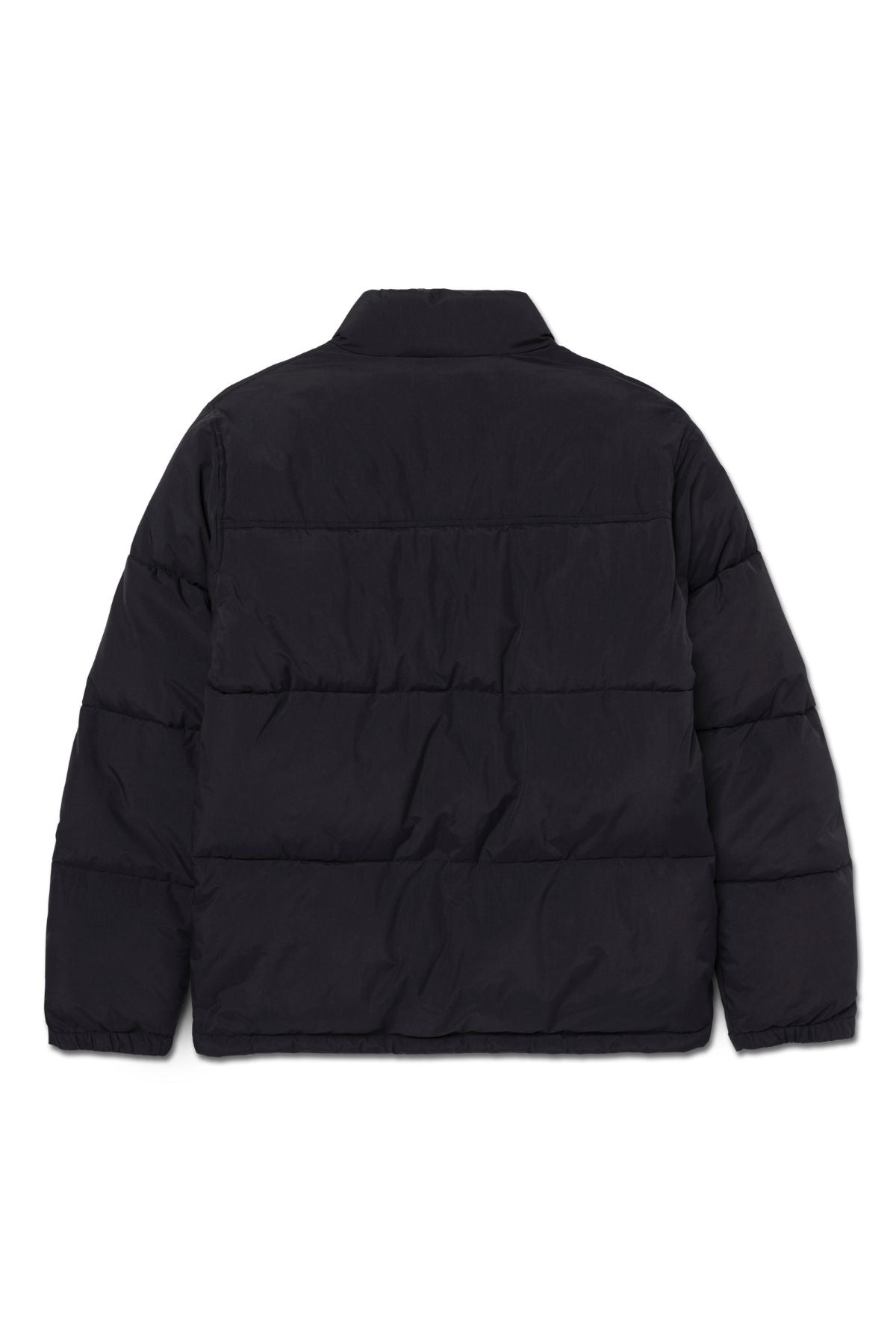 The CAT Heavy Weight Insulated Puffer Jacket is shown from the back in black, featuring horizontal quilting, a high collar, long sleeves, and a simple minimalist design.