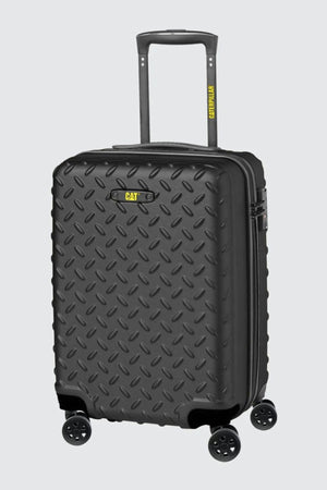 The CAT Industrial Plate 20" Trolley is a black hard-shell carry-on with a diamond-plate texture, four spinner wheels, telescopic handle, TSA lock, and bold yellow CAT and Caterpillar logos.