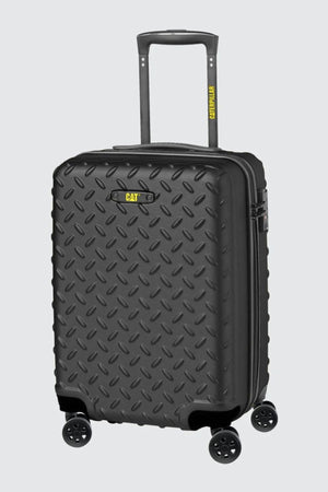 The CAT Industrial Plate 24" Trolley is a black, hard-shell suitcase with a diamond plate texture, four spinner wheels, telescopic handle, TSA lock, and yellow CAT logo and "Caterpillar" accents.