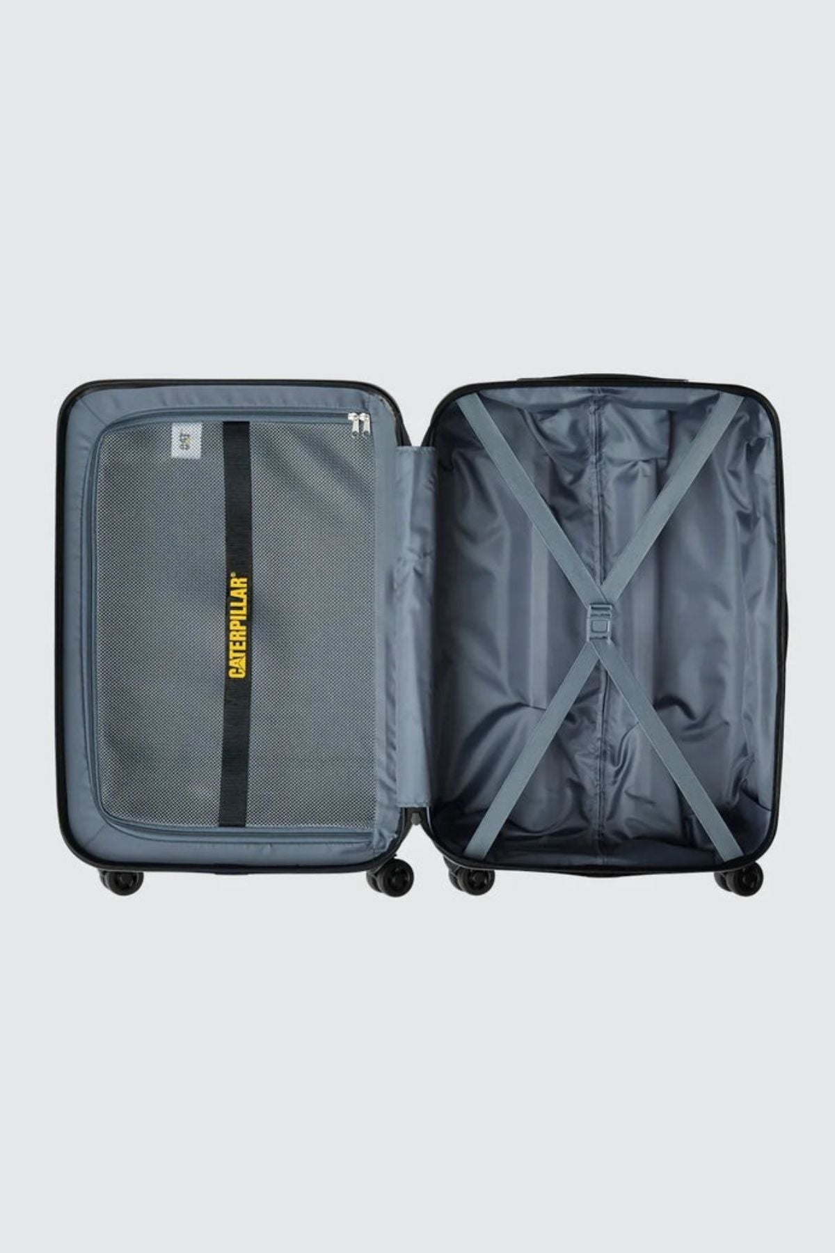 The CAT Industrial Plate 28" Trolley is open and expandable, featuring a grey interior with a mesh zippered compartment on the left with a yellow "CATERPILLAR" label and cross straps on the right to secure your belongings.