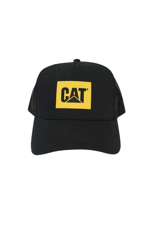The CAT Logo 5 Panel Trucker Cap features a yellow rectangular patch with the black CAT logo, a curved brim, durable cotton twill front, and breathable mesh back panels for comfort and style.