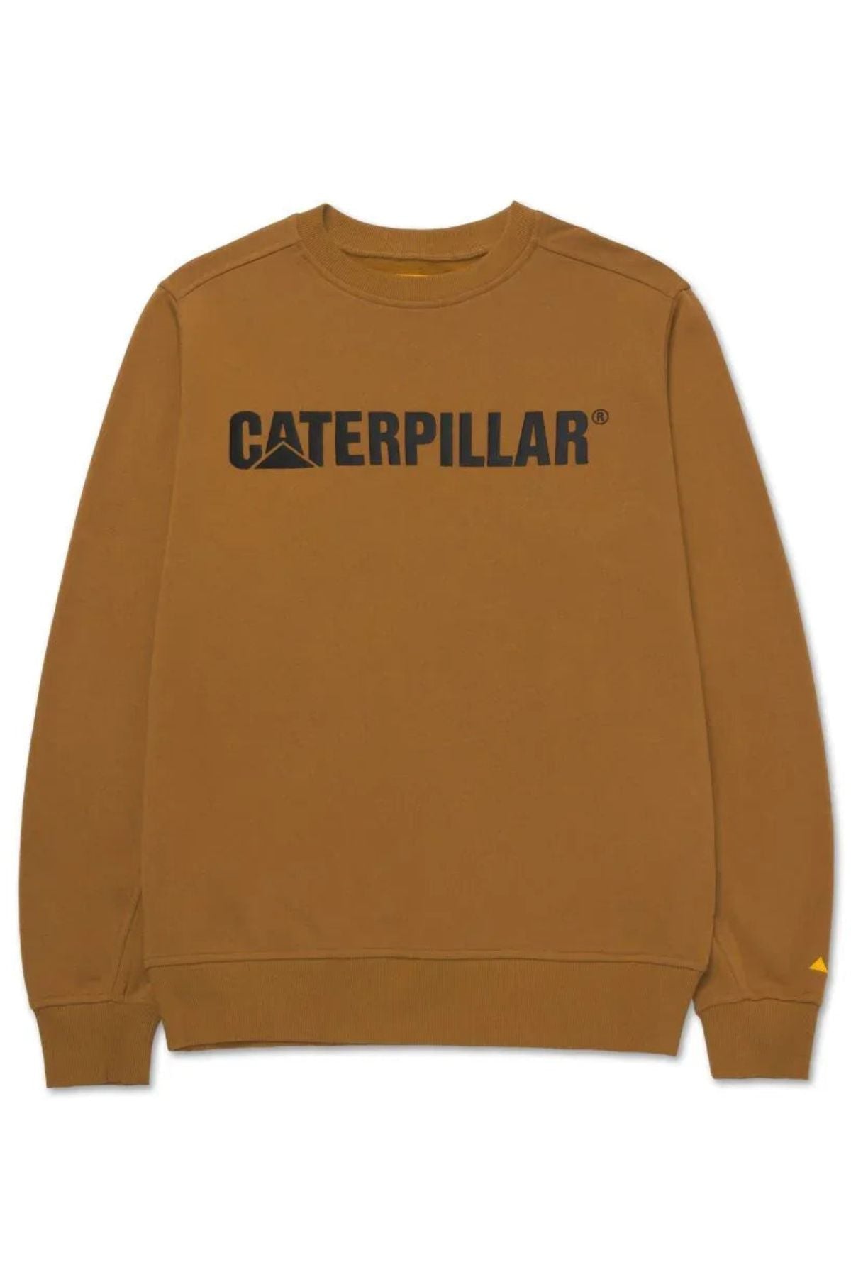 The CAT Logo Crewneck Sweatshirt is brown with long sleeves, ribbed cuffs, and "CATERPILLAR" printed in bold black letters across the chest.