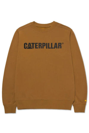 The CAT Logo Crewneck Sweatshirt is brown with long sleeves, ribbed cuffs, and "CATERPILLAR" printed in bold black letters across the chest.