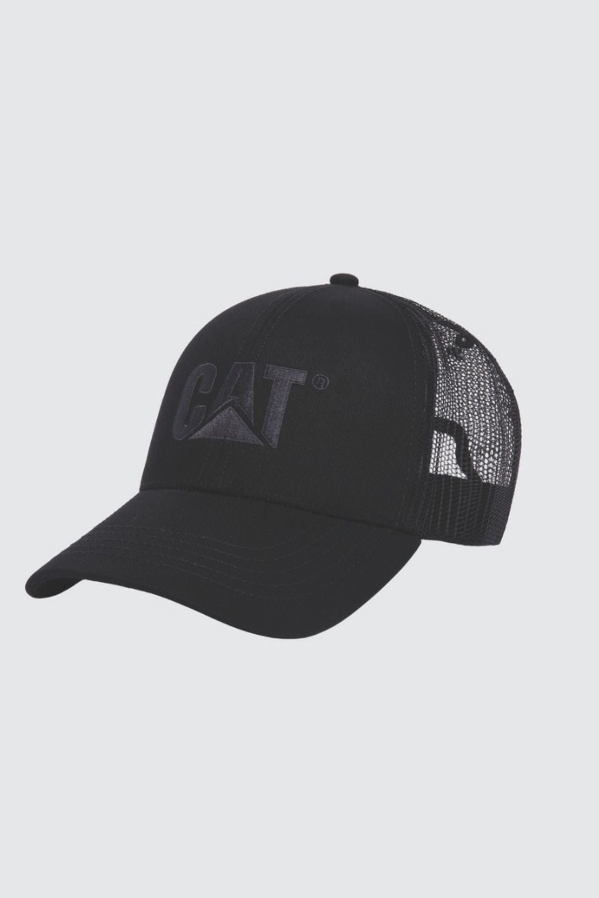 The CAT Raised Logo Cap is black with mesh back panels, a curved brim, matching black stitched CAT logo on the front, and an adjustable snapback closure.