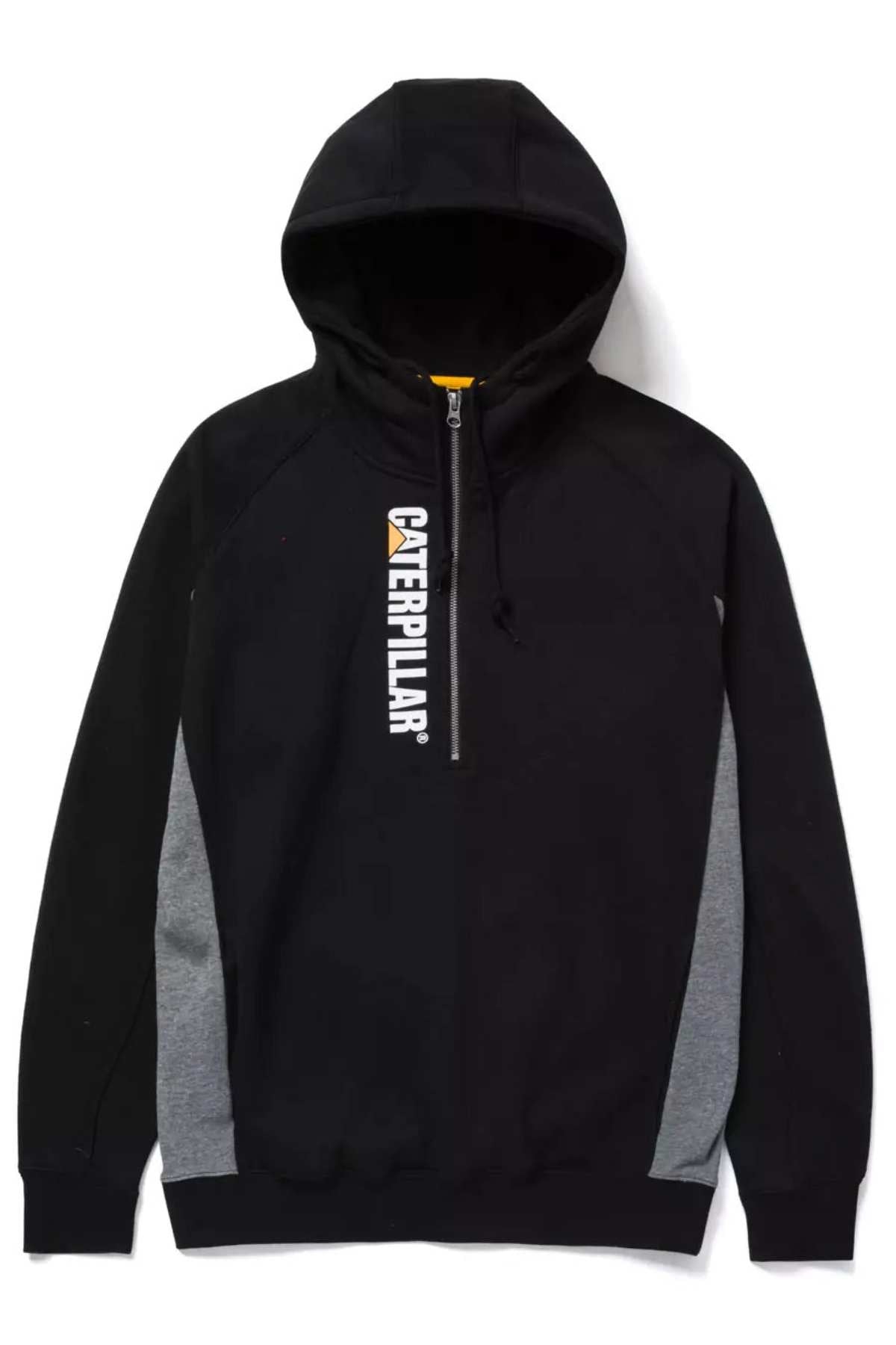 The CAT Thompson 1/4 Zip Hoodie features black and gray panels, a half zipper, dual side entry pockets, and "Caterpillar" logo printed vertically in white and yellow for a stylish look.