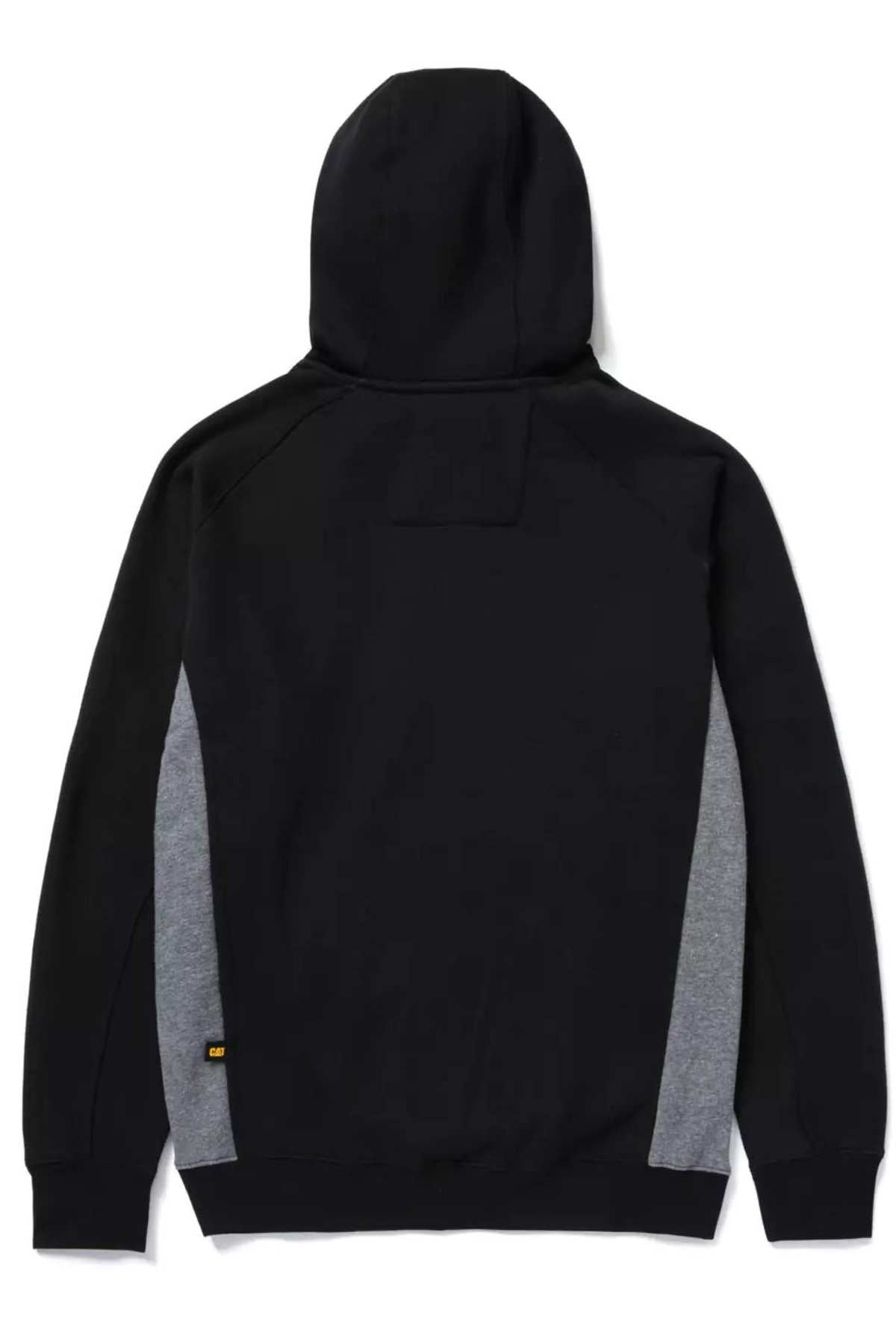 The CAT Thompson 1/4 Zip Hoodie features a black design with gray side panels, long sleeves, dual side pockets, a relaxed fit, and a yellow tag on the left hem. Rear view shown.