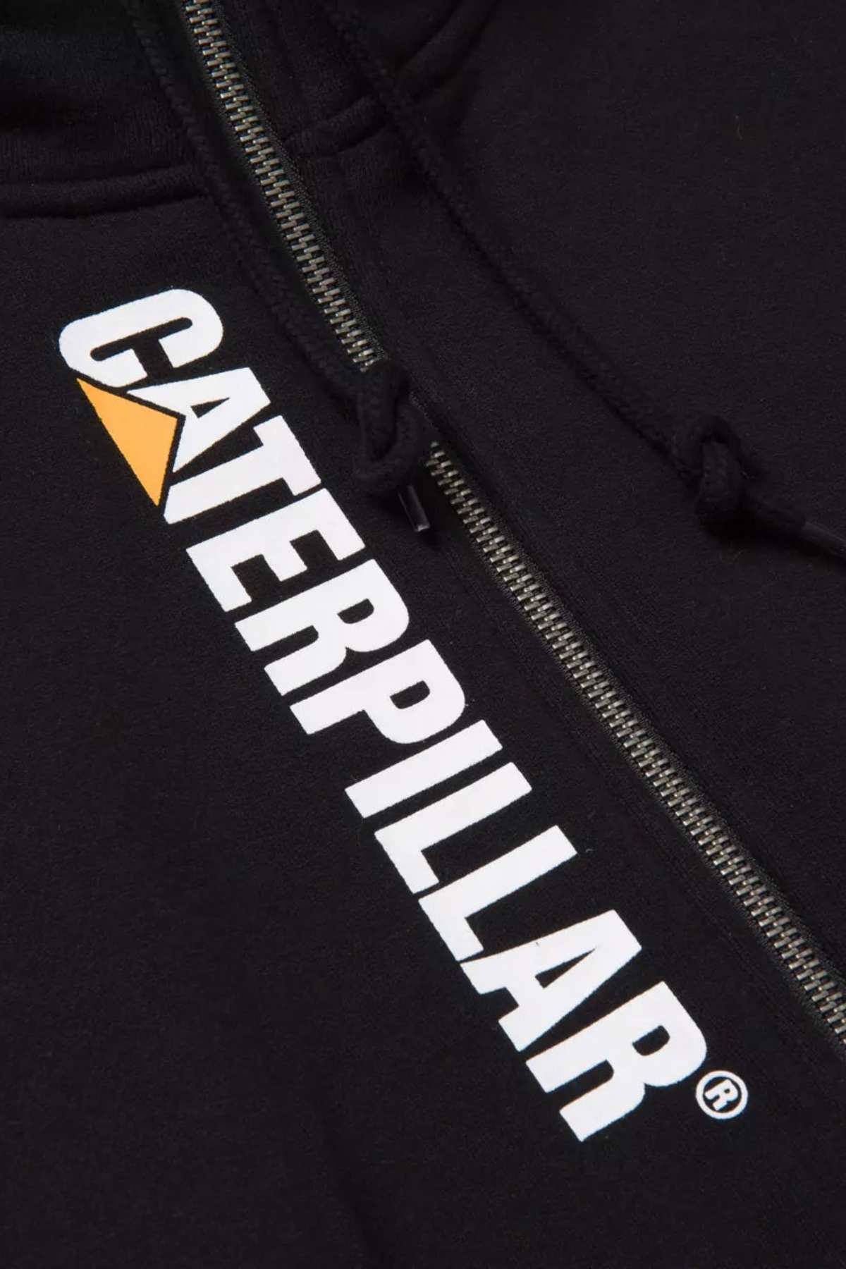 Close-up of the CAT Thompson 1/4 Zip Hoodie, showcasing a white "CATERPILLAR" logo with a yellow triangle above the "A," black drawstrings and zipper, plus dual side entry pockets for convenience.