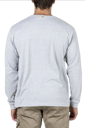 A person is seen from behind wearing a comfortable CAT Trademark Banner Long Sleeve Tee in light gray paired with beige cargo pants, standing against a plain white background.