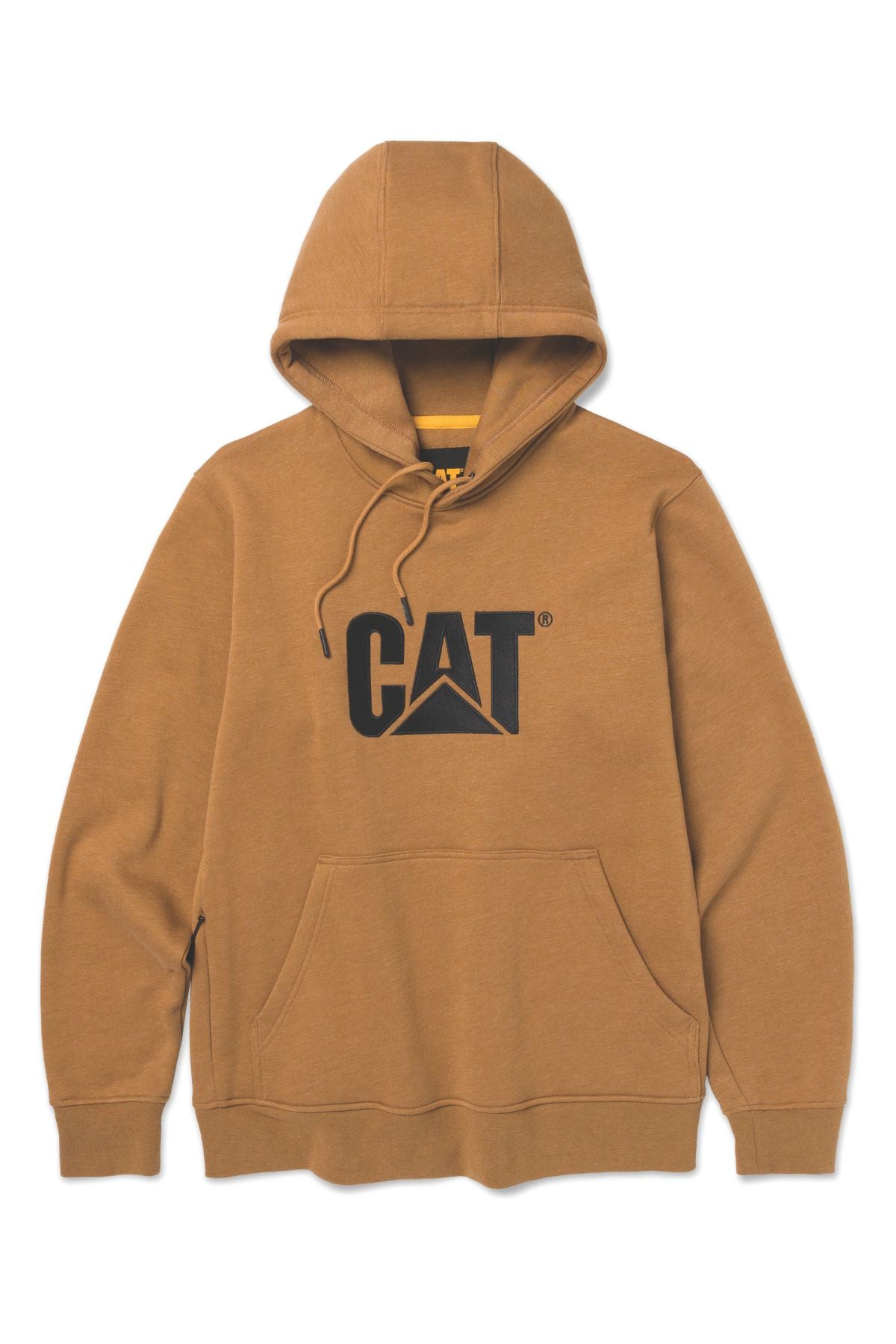 The CAT Trademark Pullover Hooded Sweatshirt features a brown color, kangaroo pocket, and bold black "CAT" logo on the chest—perfect for comfort and durability on the work site.