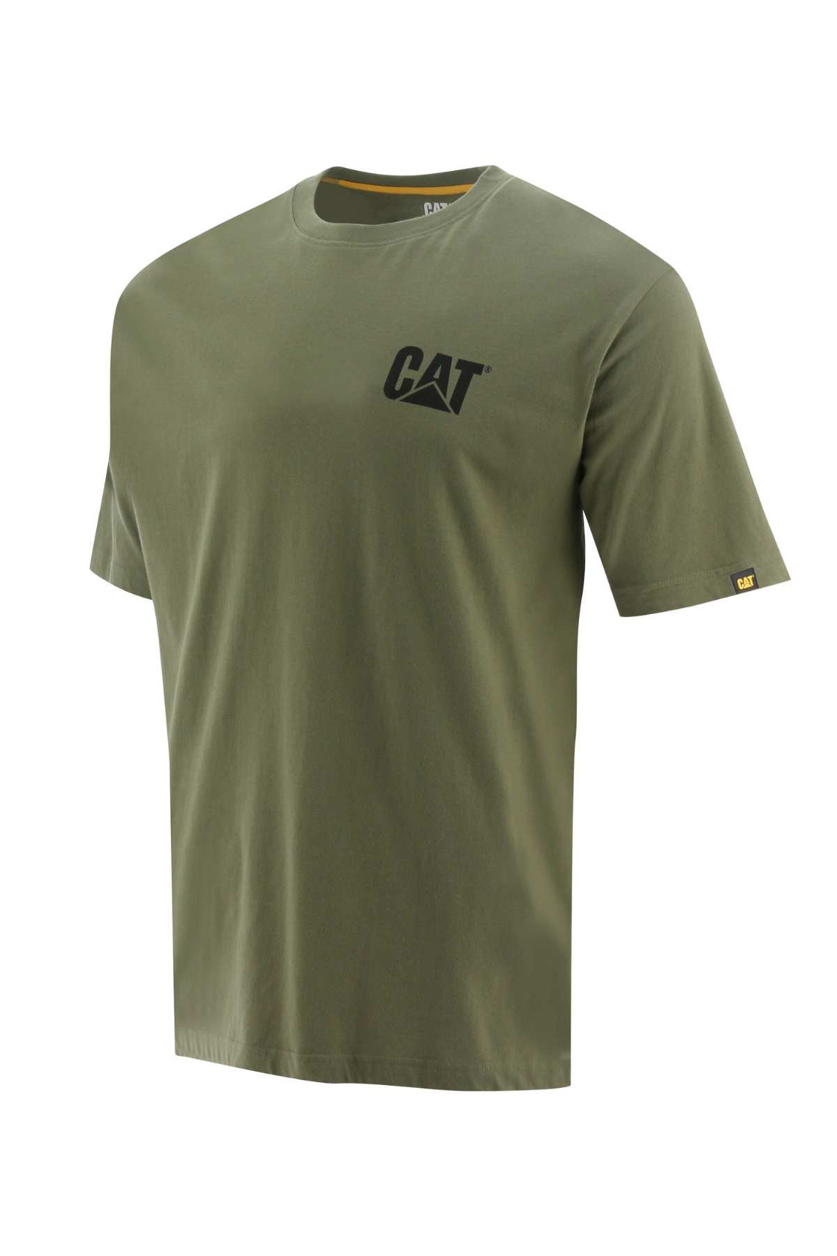 Try the comfortable CAT Trademark Tee in olive green, made from 100% cotton. This crew neck T-shirt showcases a "CAT" logo on the upper left chest and a yellow tag on the left sleeve, ideal for everyday style.