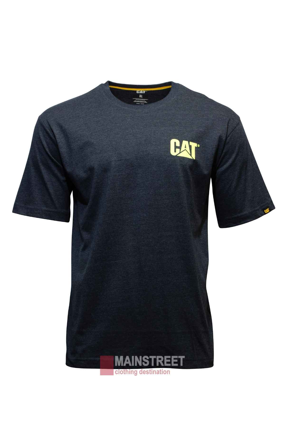 The CAT Trademark Tee is a dark gray, 100% cotton crew neck shirt featuring a yellow CAT logo on the left chest, shown against a plain white background.