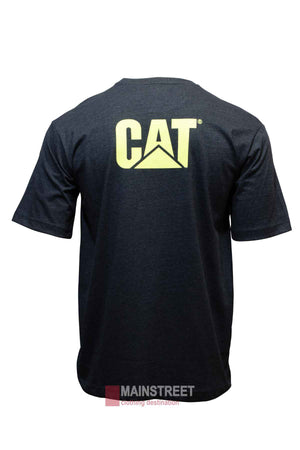 The CAT Trademark Tee is a black, 100% cotton crew neck t-shirt featuring a large yellow "CAT" logo with a triangular design beneath the letters on the upper back.