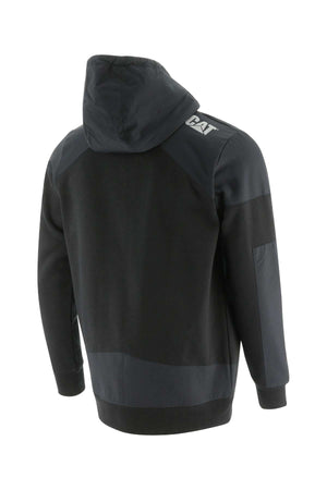 The CAT Trades Full Zip Hoodie in black and dark green features the CAT logo on the back left shoulder. Made from abrasion-resistant material, it offers both durability and a stylish edge.
