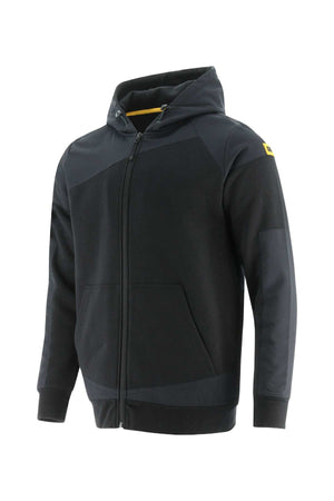 The CAT Trades Full Zip Hoodie is black with subtle geometric patterns and a front zipper. It features abrasion-resistant fabric, two front pockets, the yellow CAT logo on the left sleeve, and a hood lined with yellow detail.