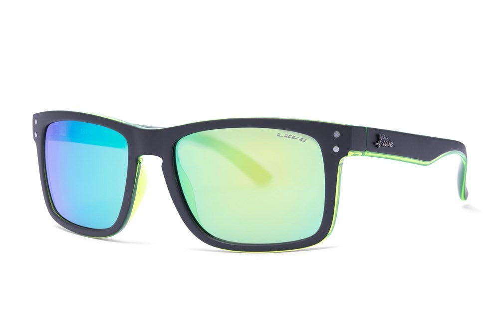 The Liive Cheap Thrill Mirror Sunglasses offer stylish black frames with lightweight polycarbonate lenses reflecting blue and green hues. They feature subtle green accents on the temples, a small logo near the hinge, and provide excellent UV protection.