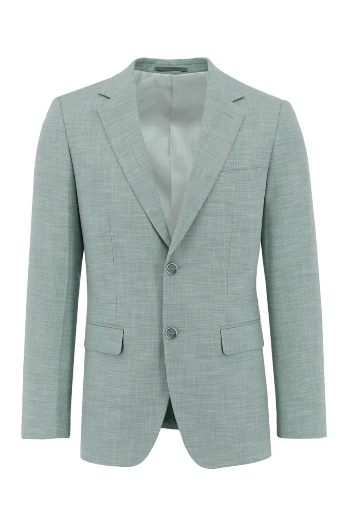 The Christian Brookes Jasper Edward Suit Jacket is a light teal, slim-fit with a classic design, notched lapel, two buttons, and flap front pockets. Its subtly textured fabric adds modern flair to this timeless piece displayed on a white background.
