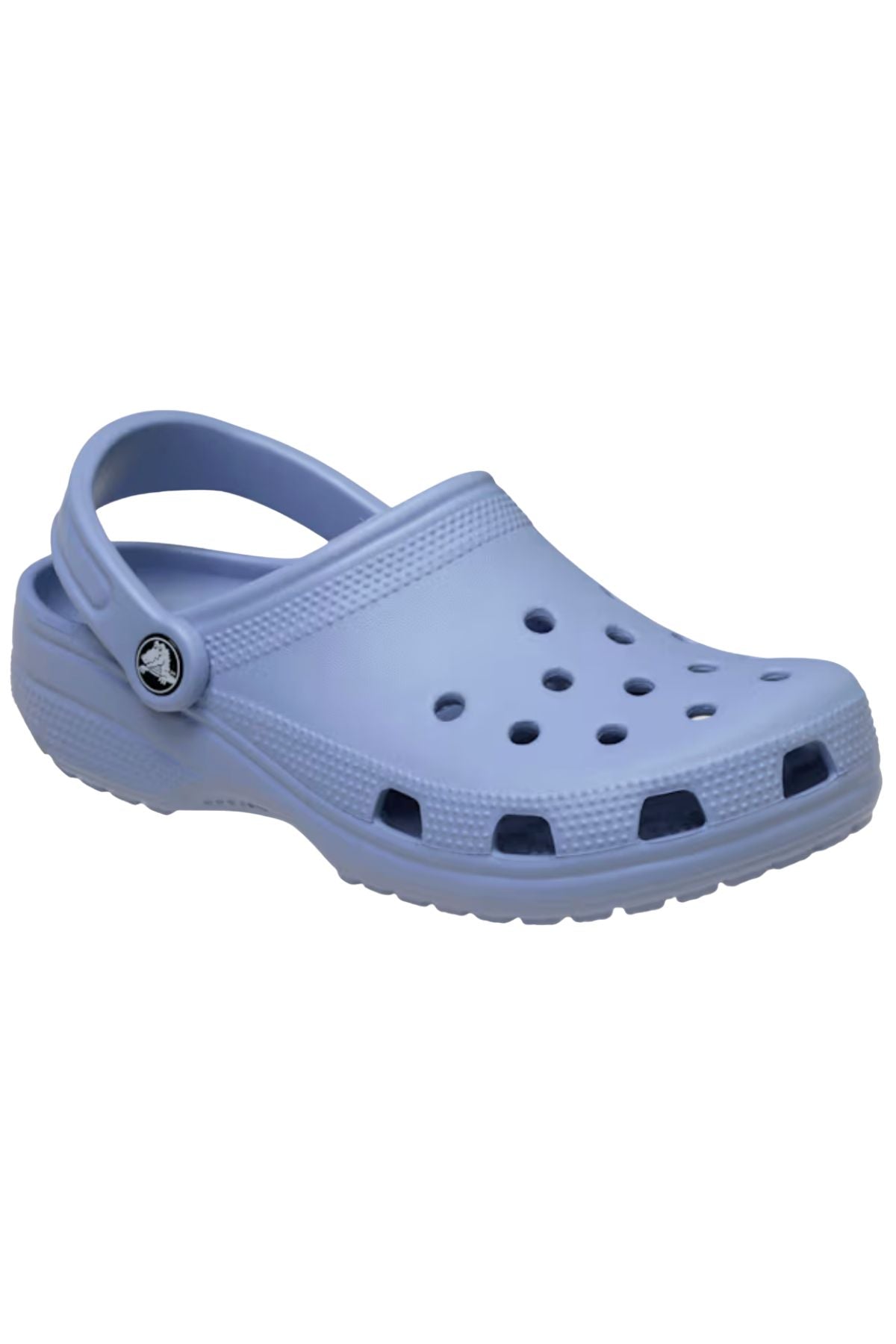 The Crocs Classic Clog in light purple features ventilation holes, a textured sole, and an adjustable heel strap with the Crocs logo—an ideal lightweight, breathable choice for all your water adventure footwear needs.